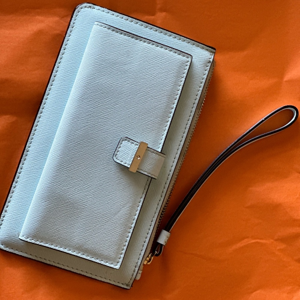 Powder blue wristlet wallet with phone compartment